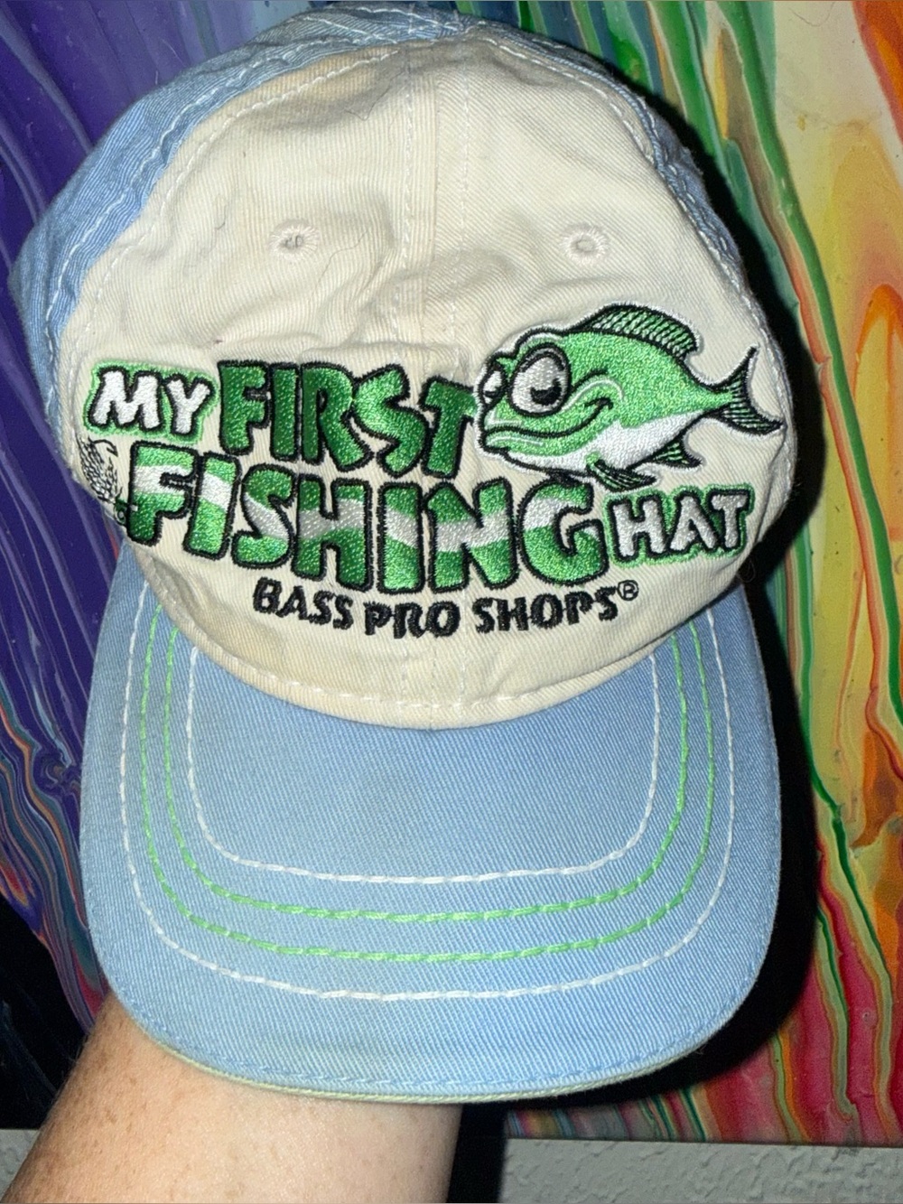 Bass Pro Shops Cream & Light Blue 'My First Fishing Hat' with Green Fish Patch